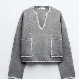 ZARA Contrast Topstitching Knit Sweater